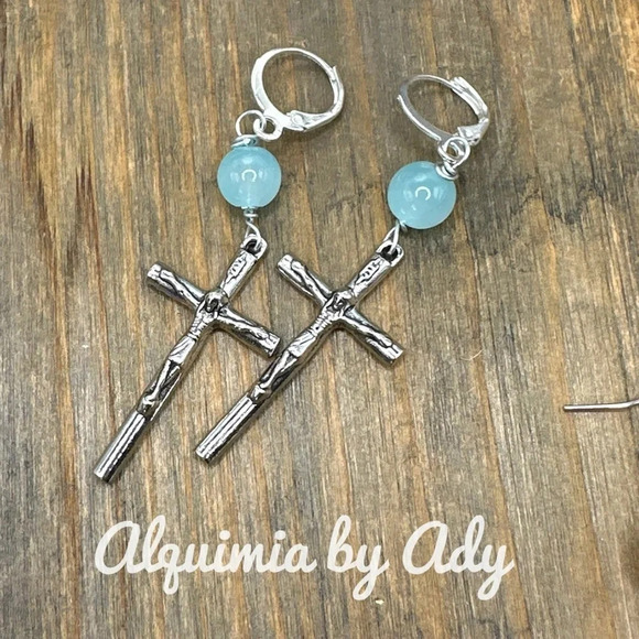Silver cross aquamarine dangle extra long earrings/western/bohemian - Picture 1 of 5